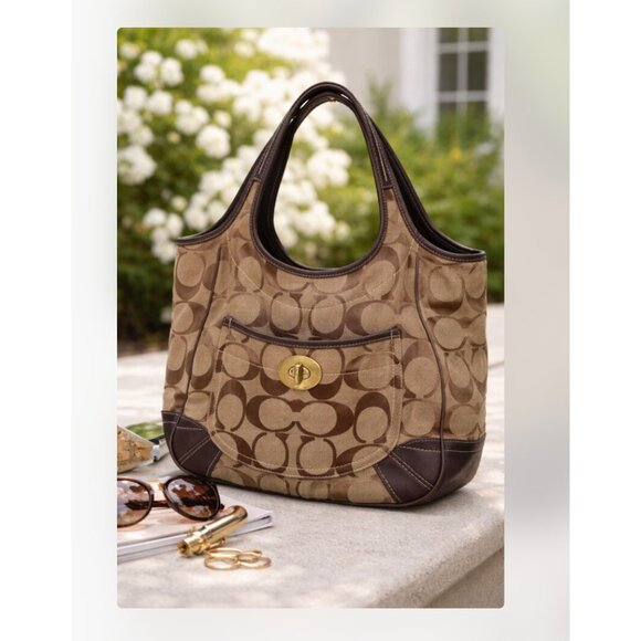 Coach Handbags - Coach Hobo Bag Womens Large Brown Signature Avary Canvas Leather Purse F13805